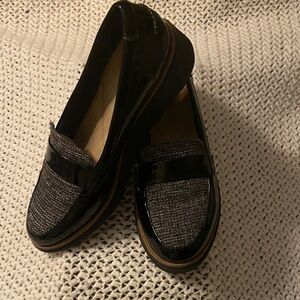 Clarks Sharon Black Patent and Tweed Slip-On Loafers - Women's